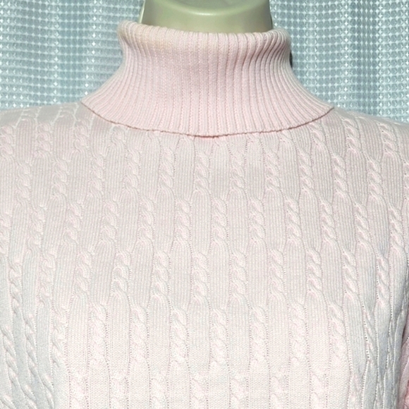 Simply Sweet Pink Turtleneck Cable Knit Long Sleeve Raw Edge Sweater (S) - Picture 3 of 7